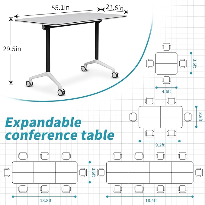 Folding Conference Table, Modern Conference Room Tables with Flip-Top Design, Foldable Conference Table Meeting Table with Wheels, Mobile Seminar Training Tables for Office Classroom (2, White 2)