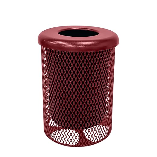 RFT-BUR Heavy Duty 32 Gallon Round Trash Receptacle, Liner Included, Burgundy with Black Flat Top, Made in America