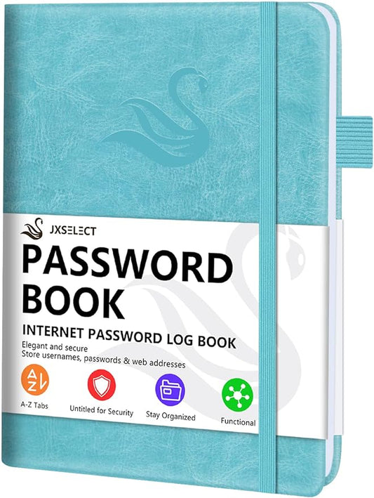 Elegant Password Book with Alphabetical Tabs - Hardcover Password Book for Internet Website Address Login - 5.2" x 7.6" Password Keeper and Organizer w/Notes Section & Back Pocket (Turquoise)