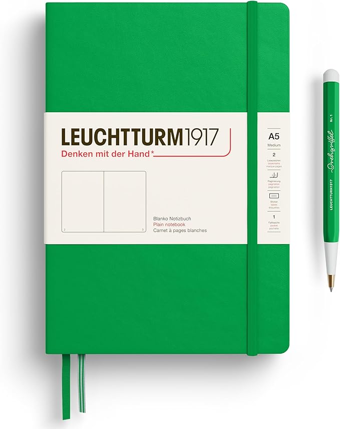 LEUCHTTURM1917 - Notebook Hardcover Medium A5-251 Numbered Pages for Writing and Journaling - Thinking Ahead (Plain Paper, Spring Leaf)