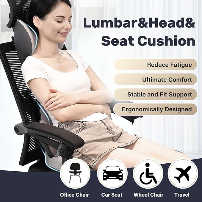 Coverado Seat Cushion and Lumbar Support Headrest Pillow for Car Office Chair, Ergonomic Memory Foam Chair Cushion Back Neck Support Pillow, Sciatica & Back & Tailbone Pain Relief Cushion-Bgray