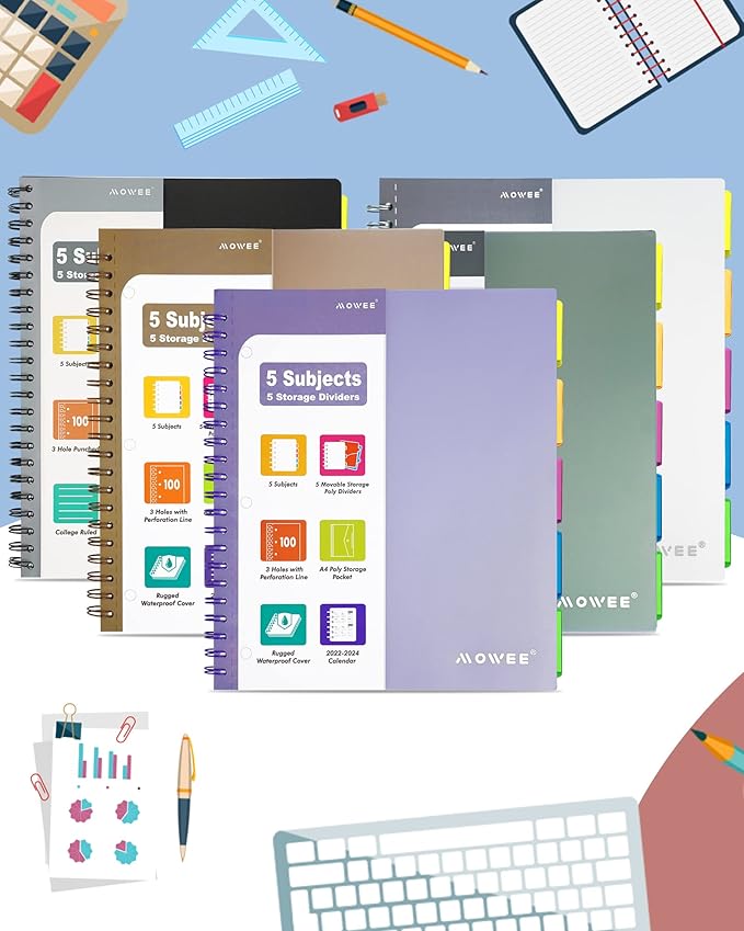 5 Subject Notebook - Spiral Notebook, College Ruled Notebook With Dividers Pocket, Tabs, 11" Ruler, 200 Pages, for Writing Journal, Home & Office, School Supplies, 8.5''x11'' CoCo Brown