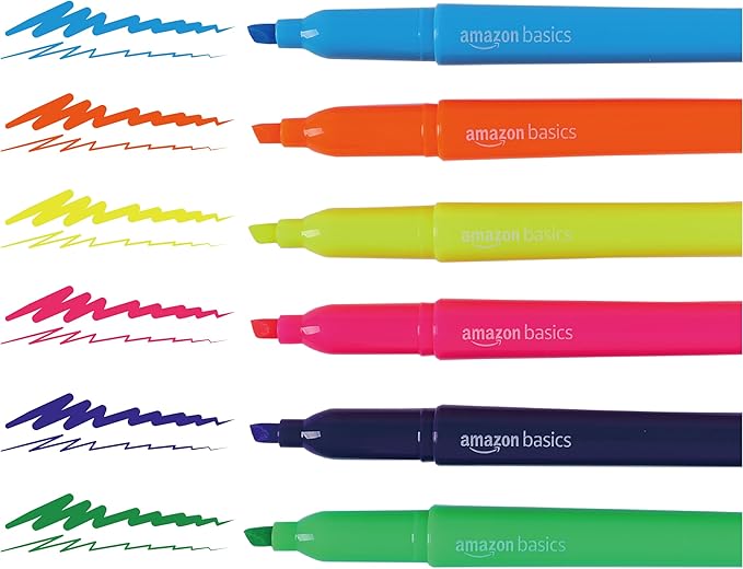 Amazon Basics Highlighters, Fluorescent Ink, Chisel Tip, School Supplies, 24 Pack, Multicolor