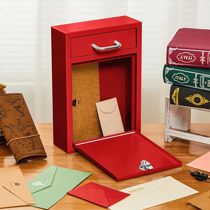 Locking Mailbox with Key for Outdoor 12.2 x 8.5 x 3 Inches Large Wall Mount Mail Box with Lock Security Mail Drop Metal Collection Boxes Hanging Secure Postbox(Red)
