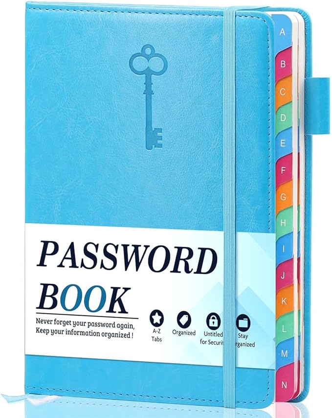 Password Keeper Book with Colorful Alphabetical Tabs, Hardcover Log Book for Internet Password and Website Address, Personal Organizer with Notes Section and Back Pocket and Two Bookmarks (Turquoise)