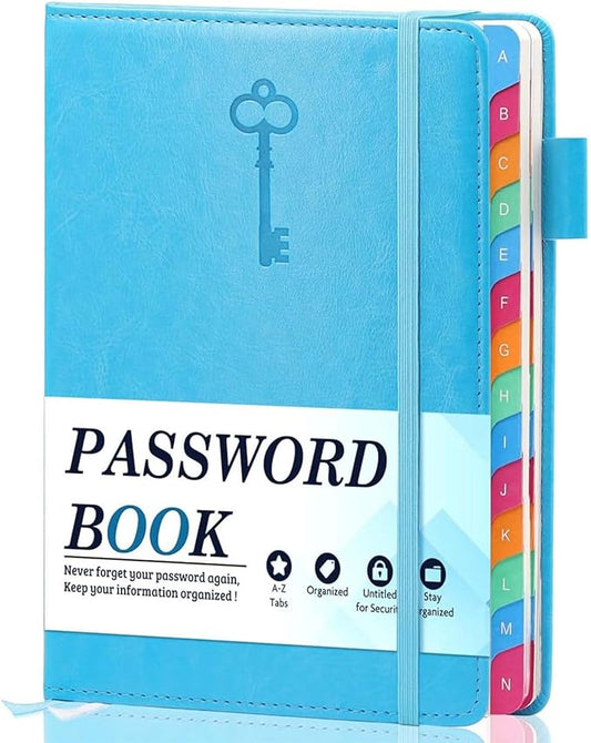 Password Keeper Book with Colorful Alphabetical Tabs, Hardcover Log Book for Internet Password and Website Address, Personal Organizer with Notes Section and Back Pocket and Two Bookmarks (Turquoise)