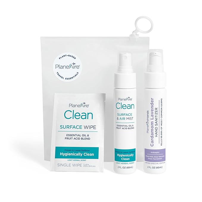 Travel Essentials | Hygiene Kit | Travel Toiletry Kit | Travel Size | Lotion Hand Sanitizer Cardamom Lavender Scent | Surface Wipes | Individual Travel Wipes | Surface Cleaner | With Essential Oils