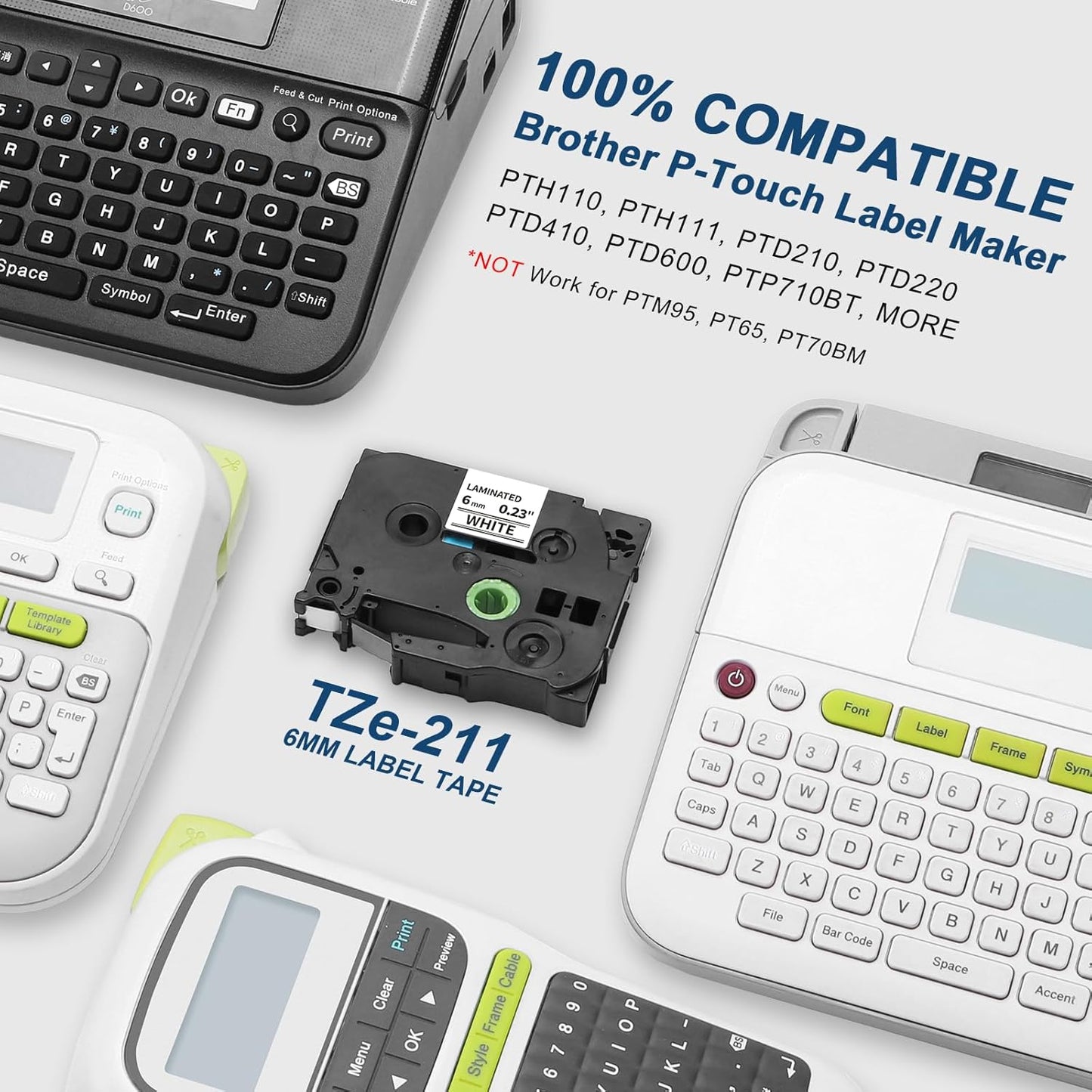 Label KINGDOM TZe-211 6mm Label Tape Replacement for Brother TZe211 TZ Tape 6mm 0.23 Laminated White 1/4 Inch Compatible with Brother P Touch Label Maker Tape PT-H110 PT-D210 PT-D220 PT-D400, 4-Pack
