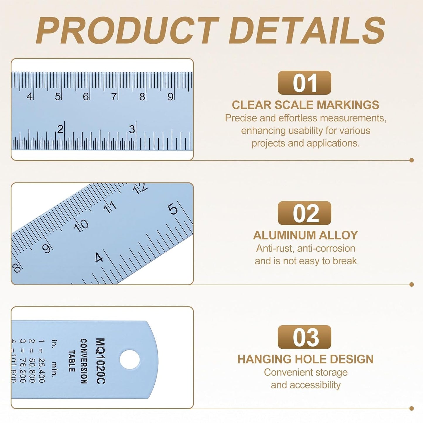 HARFINGTON 4pcs Metal Straight Ruler 15cm Metric SAE Aluminum Alloy Measuring Rulers Scale Tool with Hole for Measure Study Reading Classroom Office, Light Blue