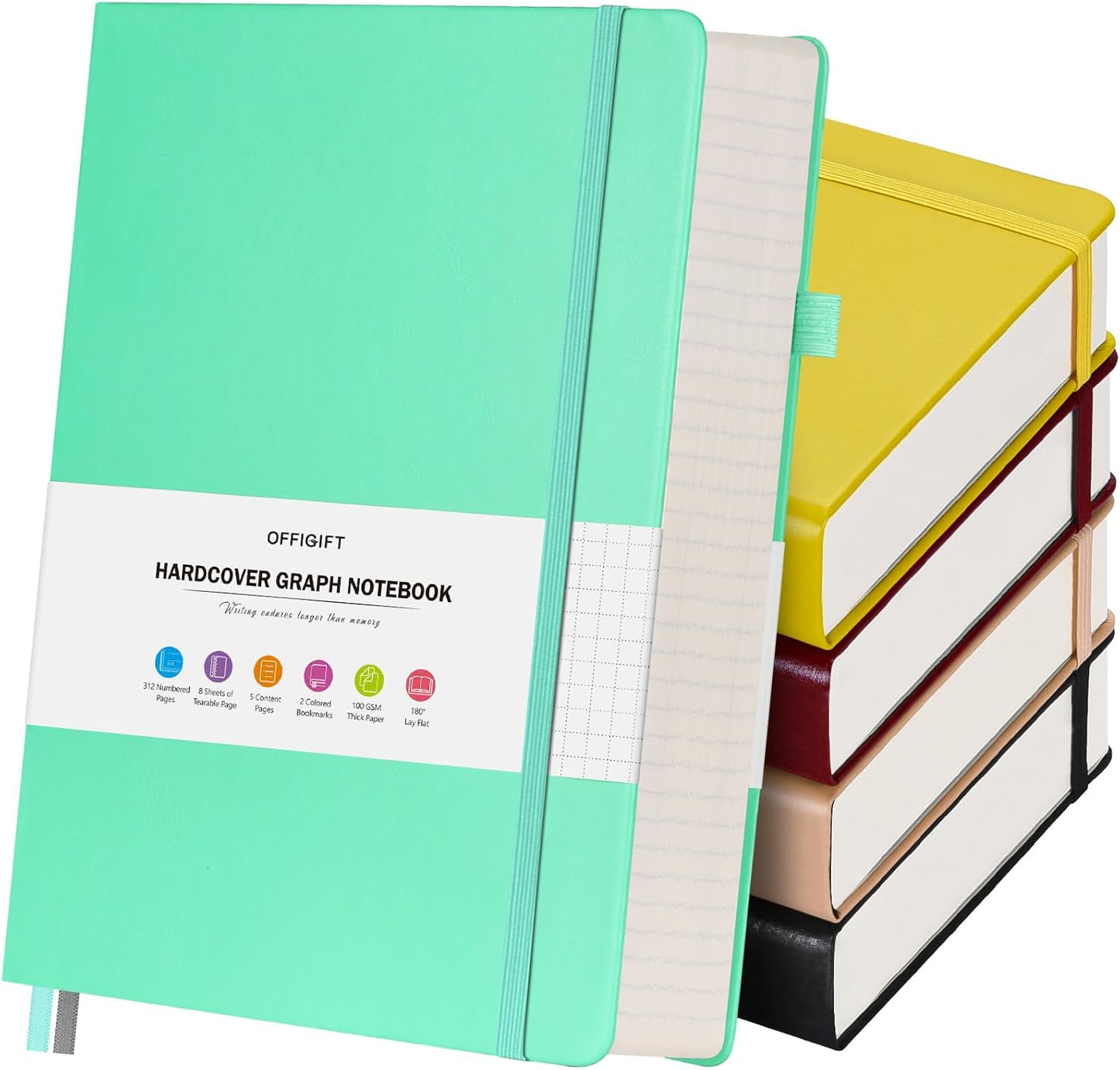 5 Pack Graph Paper Notebook, 312 Numbered Pages Graph Notebook Bulk, 100gsm No Bleed Grid Paper Notebooks for Work, Hardcover Leather Journal, Squared Grid Notebook for Graphing Notes Math, Multicolor