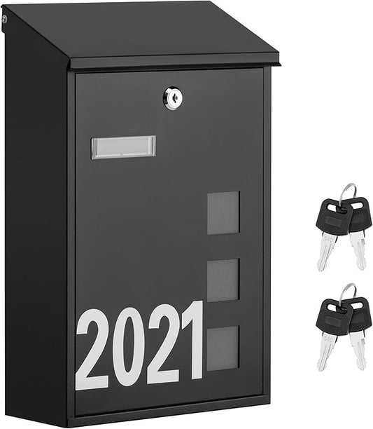 LAND·VOI Wall Mounted Mailbox with 4 Keys, Post Box for Wall and Fence, Viewing Windows, Nameplate, 3.94 x 9.8 x 15.6 Inches, Large Capacity, Includes Mailbox Numbers, Matt Black, AMB31B