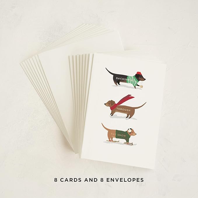 Minted Dachshund Through the Snow Christmas Cards, 8 Cards with Envelopes, Folded 5x7 Holiday Card with Playful Dog Illustration, Classic Design, Gold Foil-Pressed, Luxurious Paper, Interior Message