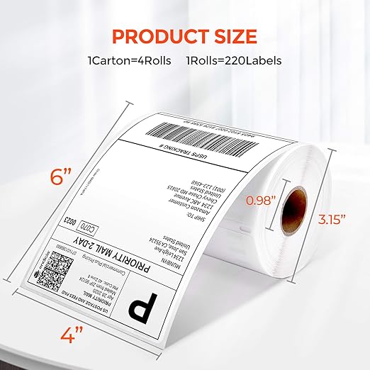 MUNBYN 4"x6" Direct Thermal Shipping Labels, 880 PCs/4 Rolls(220 Pcs per Roll), Perforated Postage Paper Compatible with MUNBYN and Other Printers, Not Compatible with DYMO Printer