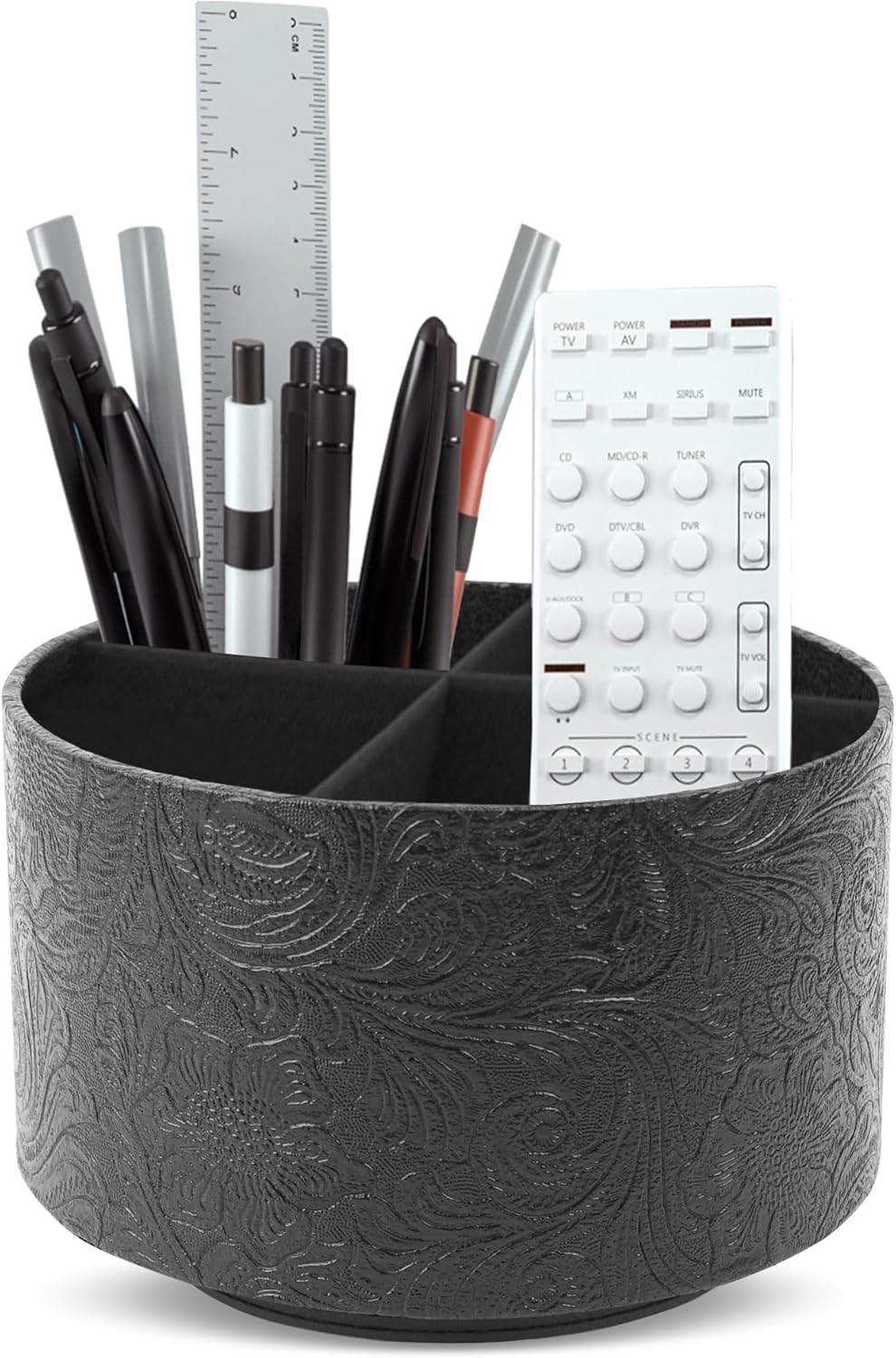 lizimandu Round Leather Art Supply Organizer,Remote Control Holder,360 Degree Spinning,Multi-Functional Pencil Holder,4 Compartments Desktop Stationary Organizer(1-Black2)