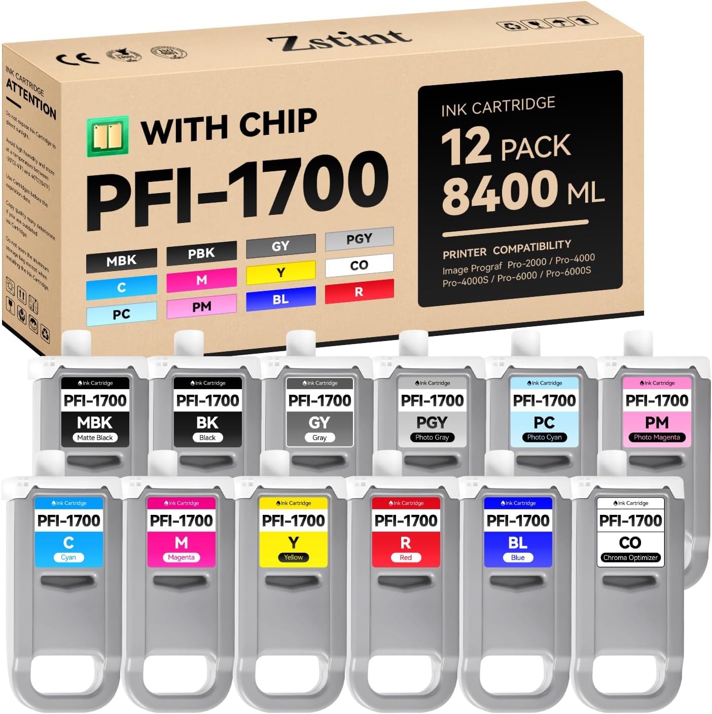 PFI-1700 Pigment Ink Tank Set 12-Pack 700ml High Capacity Replacement for Canon PFI-1700 PFI1700 Ink Cartridges Compatible for Canon imagePROGRAF Pro-2000 Pro-4000 Pro-4000s Pro-6000 Pro-6000s Printer