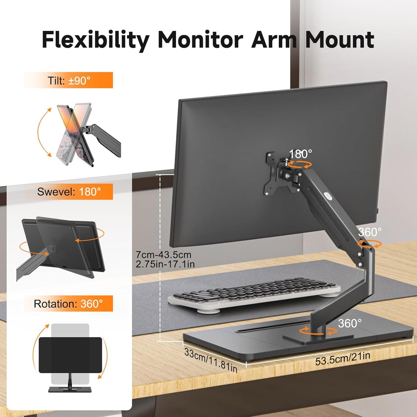 suptek Single Monitor Mount Gas Spring Arm Mount with Base,Free Standing Pneumatic Height Adjustable Monitor Desk Stand for 17 to 32 inch,Holds up to 22 lbs,Black(ML8C)