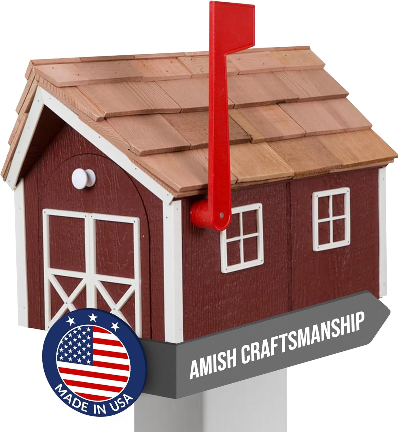 Peaceful Classics Amish Cedar Roof Wooden Mailbox with Window & Door Trim, Handcrafted Mailboxes for Outside, Post Mount Residential Mailboxes - (Red with White Trim)