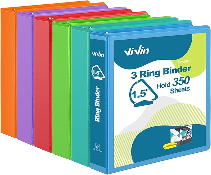 ViVin Sturdy 1.5 Inch 3 Ring Binder with Pockets, Slant-D Ring, PVC-Free, Customizable Clear View Binder,Holds 350 Sheets of 8.5" x 11" Paper, 6 Pack (Assorted)