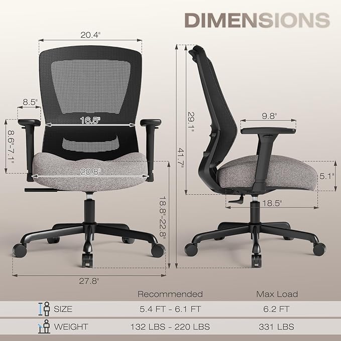T96C Ergonomic Home Office Chair, Mesh Computer Desk Chair with 4D Armrests, Adjustable Lumbar Support,Tilt Function, Executive Rolling Swivel Task Chair for Long Hours (Stone)