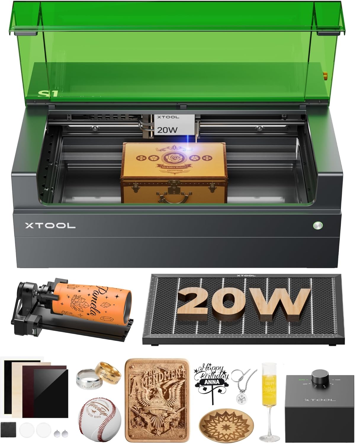 xTool S1 20W Laser Cutter and Laser Engraver for Tumblers, 23.93" x 15.16" Bed Size, 600mm/s Speed, Laser Engraving Machine, Laser Engraver for Wood and Metal, Acrylic, Big Project - Rotary Bundle