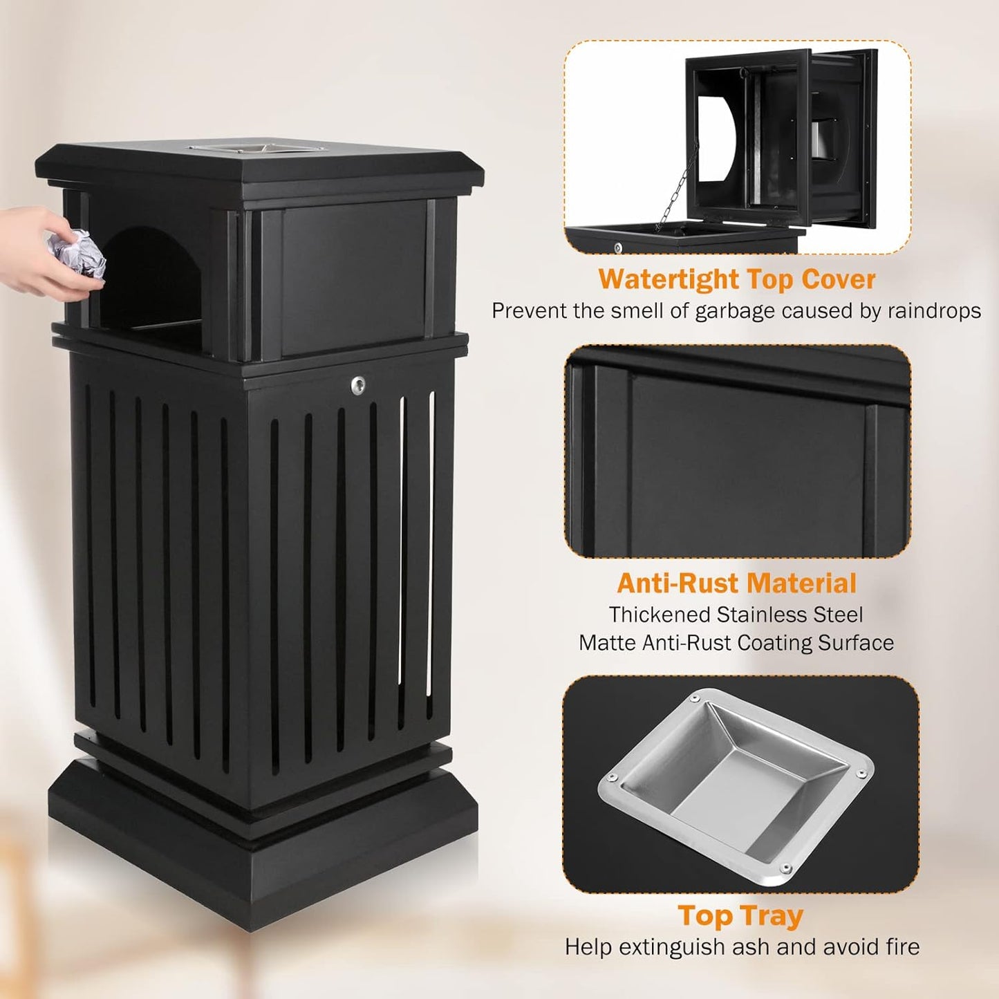 BEAMNOVA Trash Can Outdoor Top Tray Matte Black Stainless Steel Commercial Garbage Enclosure with Locking Lid Heavy Duty Industrial Yard Garage Waste Container, 35.5 * 15.8 * 15.8 in