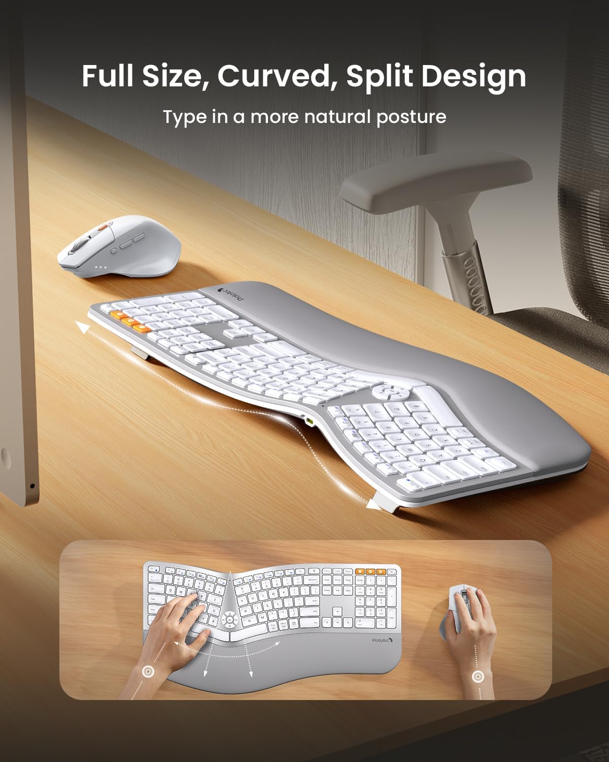 ProtoArc Ergonomic Wireless Keyboard Mouse, EKM01 Plus Full Size Ergo Bluetooth Keyboard Mouse Combo, Split Design, Wrist Rest, Multi-Device, Rechargeable, for Windows/Mac OS - White and Silver