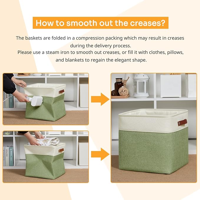 DULLEMELO 16 inch Fabric Storage Basket, Decorative Storage Boxes with Leather Handle for Closet Shelf Nursery, Collapsible Linen Storage Bins for Organizing Toys Book Towel Organizers(White&Green)