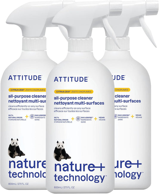 ATTITUDE All Purpose Cleaner Spray, EWG Verified, Vegan, Made with 94% Plant-Based Ingredients, Streak-Free for Kitchen, Bathroom, Glass & More, Citrus Zest, 27.1 Fl Oz (Pack of 3)