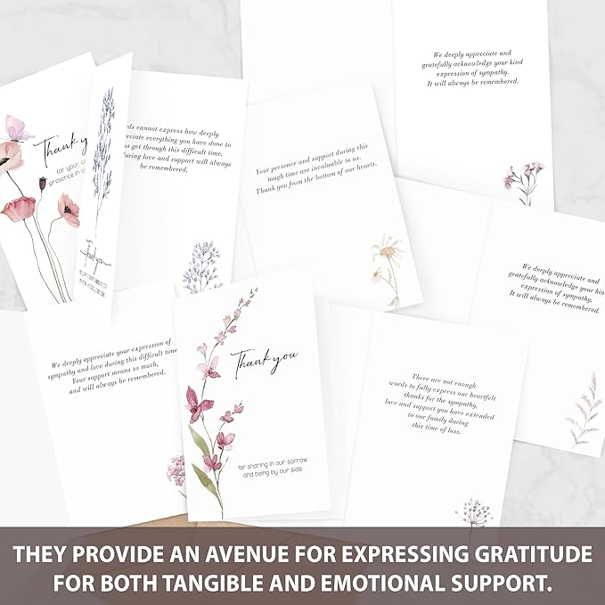 AUDREE 20 Pcs Funeral Thank You Cards with Envelopes Message Inside and Matching Stickers - Bulk 4×6 Watercolor Single Flowers Bereavement Thank You Cards For Funeral