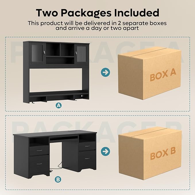 Bestier 77.8" H Executive Desk with Hutch, Modern Wood Computer Desk with Drawers, Charging Station, LED Light, Fluted Storage Cabinet, Keyboard Tray, 59" W Office Desk for Home Office, Black