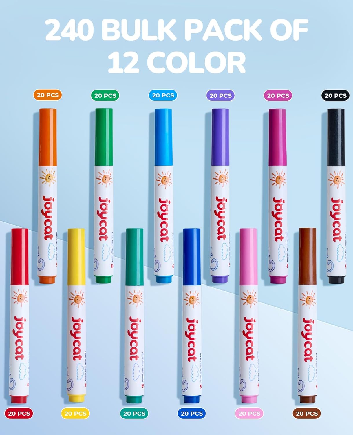 JoyCat 240-Count Washable Markers Bulk Set - 12 Assorted Colors | Classroom Supplies for Teachers, Markers For Kids & School | Flip-Top Storage Box, Non-Toxic Art Supplies