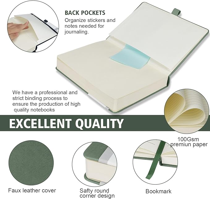 Lined Journal Notebook, 360 Numbered Pages(With page number), Thick Journal for Writing A5 College Ruled Notebook, 100gsm Lined Paper, Leather Hardcover, 5.75'' X 8.38''-Morandi Green