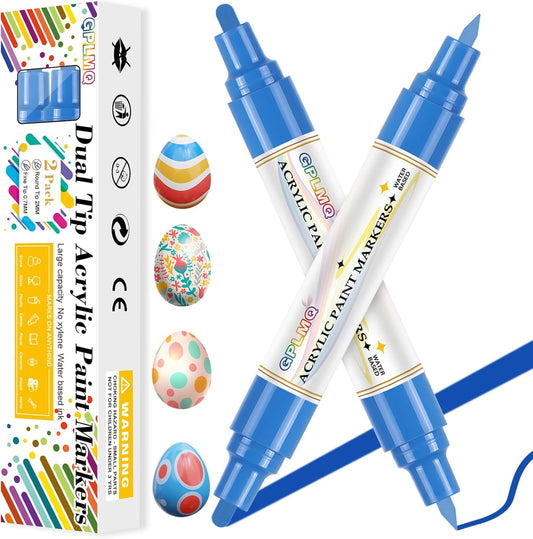 Paint Markers Paint Pens - 2 Pack Dual Tip Acrylic Permanent Marker (0.7mm & 3mm), Non-Toxic, Water-Based for Art Painting, Stone, Ceramic, Glass, Wood, Fabric, Metal, DIY Crafts (Blue)