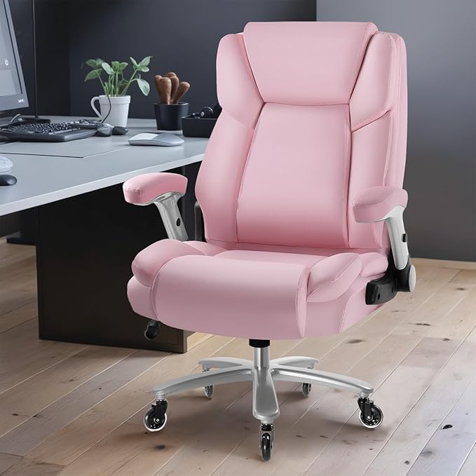 Big and Tall Office Chair 600lbs, Heavy Duty Executive Office Chair for Heavy People, Pink High Back Office Leather Ergonomic Chair with Adjustable Armrests and Lumbar Support for Computer Desk Chair