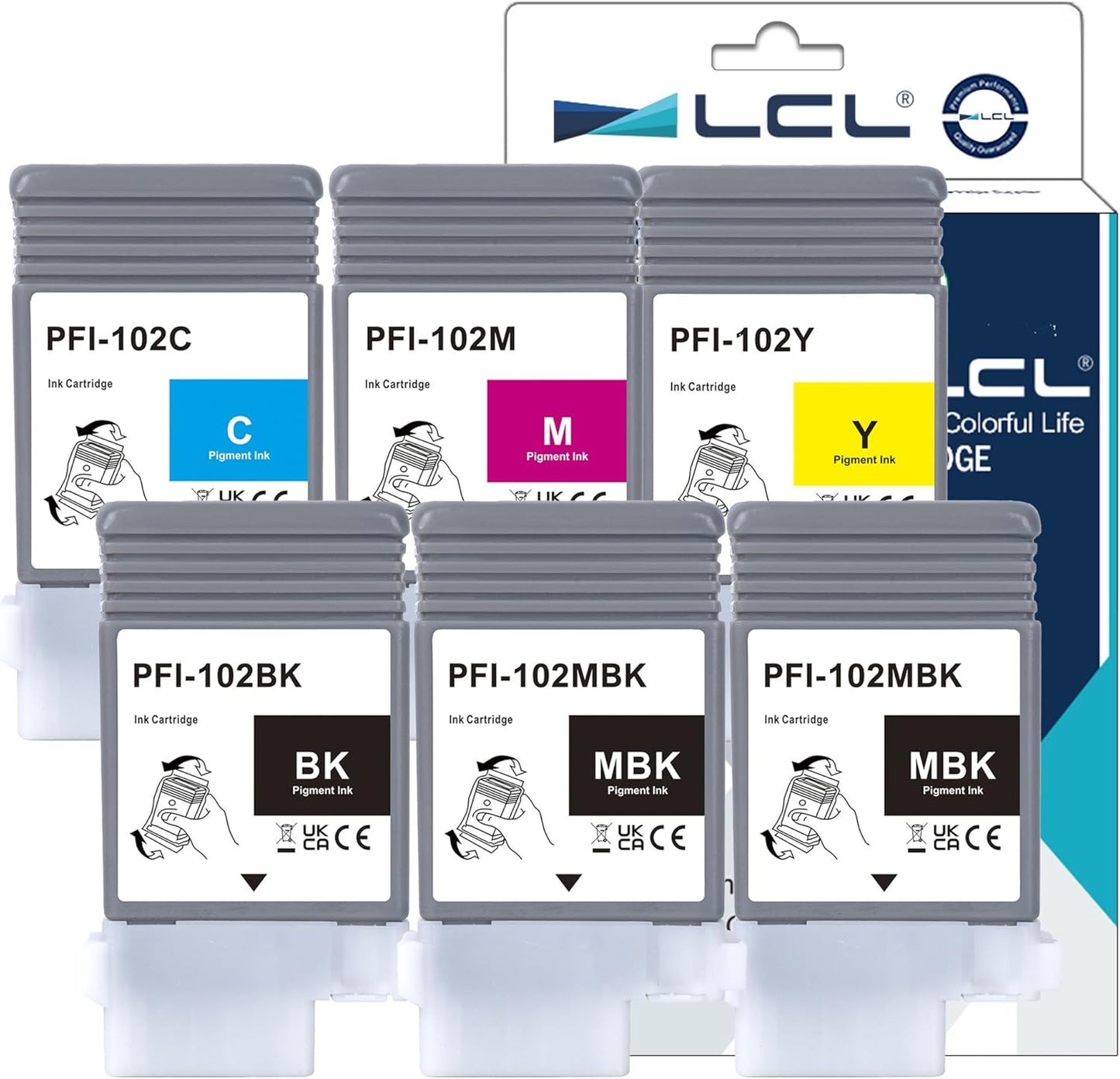 LCL Compatible Ink Cartridge Replacement for Canon PFI102 PFI-102 PFI-102MBK PFI-102BK PFI-102C PFI-102M PFI-102Y imagePROGRAF iPF500 iPF600 iPF605 iPF610 iPF650 iPF655 iPF700 iPF760 iPF765 (6-Pack)