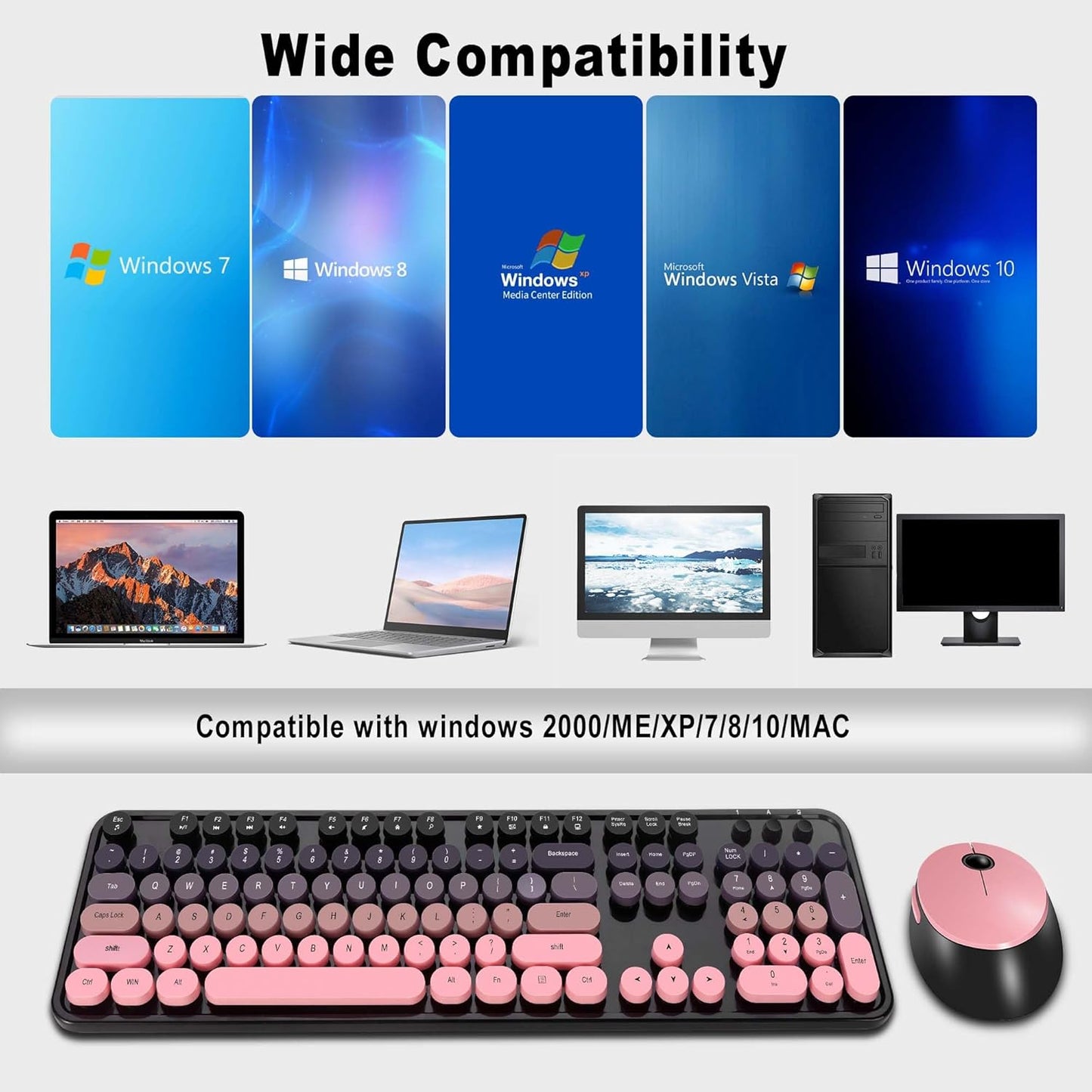Wireless Keyboard and Mouse Combo, Cute Colorful 104 Keys Typewriter Retro Round Keycaps Keyboard for PC Laptop,Desktop,Windows, Home and Office Keyboards(Black Pink)
