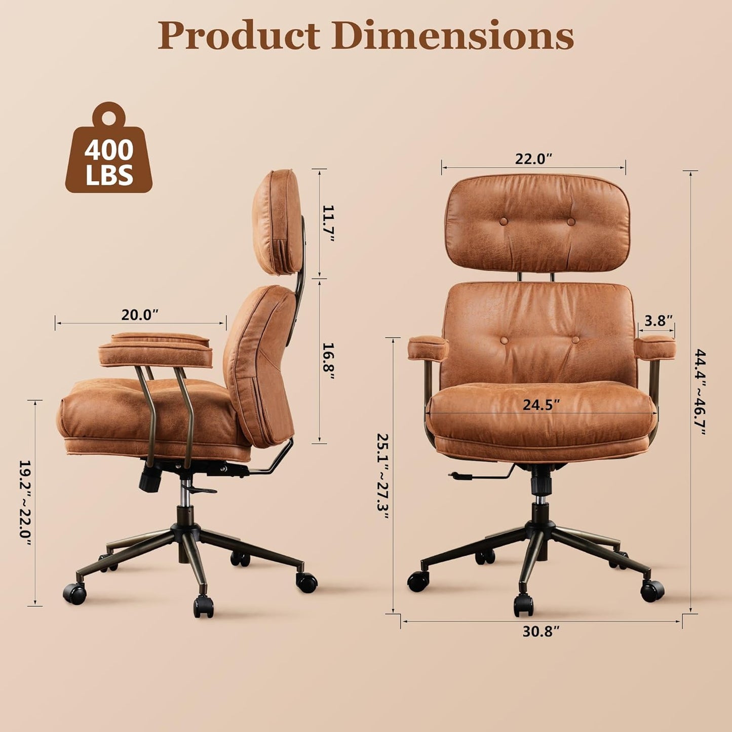 Mid Century Modren Big and Tall Office Chair,Large Ergonomic Executive Chair for Heavy Duty People, Computer Desk Task Chair with Wheels, Faux Lether Fabric Wide Chair for Home Sturdy,Brown(Suede)