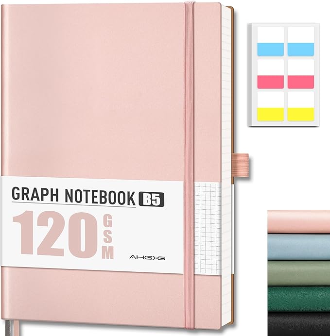 AHGXG Graph Paper Notebook - Grid Notebook Journal, 120 GSM Thick Graph Paper, Large B5 Notebook 96 Pages, Leather Softcover, for Graphing, Writing, Math, Engineering, 7.6'' X 10'' - Rose Gold