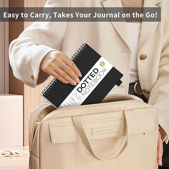 AHGXG Bullet Dotted Journal - Dot Grid Spiral Notebook A5, 160 Pages, 100 GSM Thick Paper, Waterproof Plastic Cover Journals for Bullet Journaling, Sketching, 5.7" x 8.3", Black