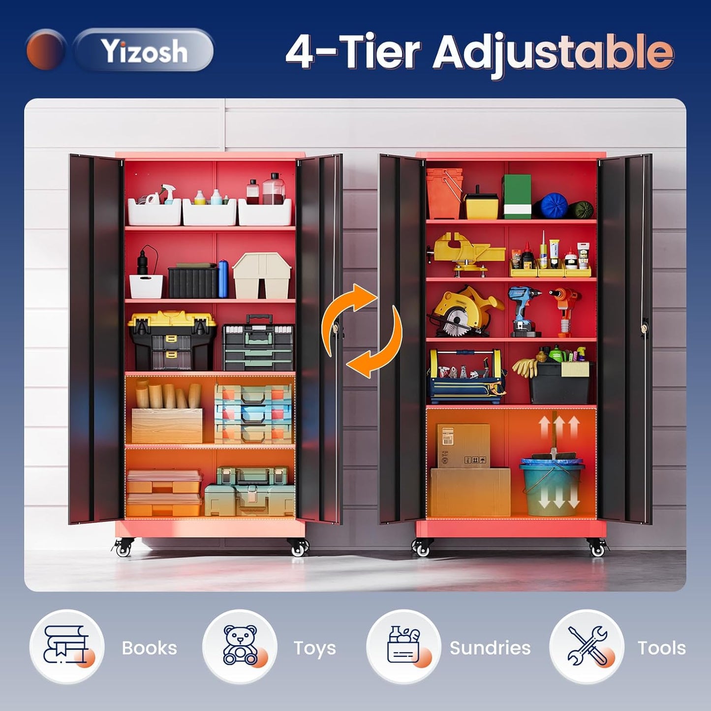 Yizosh Metal Garage Storage Cabinet with Locking Doors and Adjustable Shelves,- 75" Rolling Steel Tool Cabinet for Home Office,Garage,Warehouse