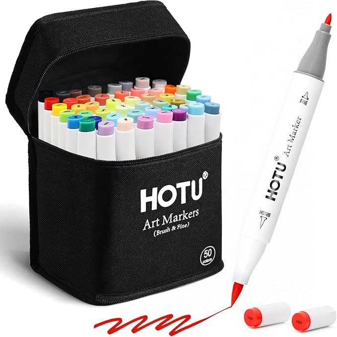 Alcohol Markers Brush and Fine Tip 50 Colors Dual Tips Art Marker Set Alcohol-based Sketch Pens with Carrying Case，Non-Bleeding Pad for Art Enthusiast Adults Coloring Illustration