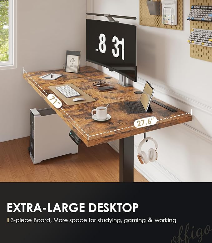 OffiGo Electric Standing Desk with 3-Piece Board, 71 Inch Height Adjustable Large Desk with Power Outlets, Sit Stand Table, Writing Computer Desk for Home, Office, Workstation, Rustic Brown