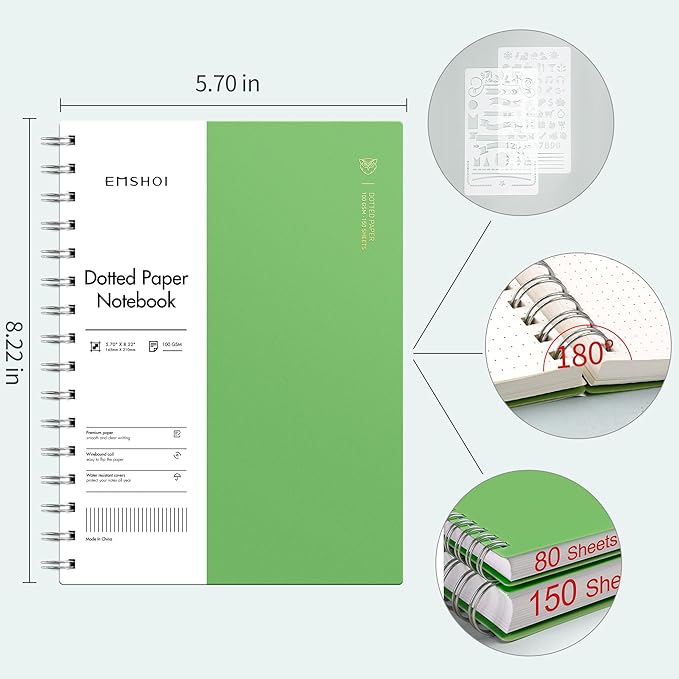 EMSHOI A5 Spiral Notebook Bullet Dotted Journal, Small 5.7" X 8.22", 300 Pages/150 Sheets, 100gsm Dot Grid Paper, Waterproof Hardcover, for Office School Women Men Work Writing Notes-Green