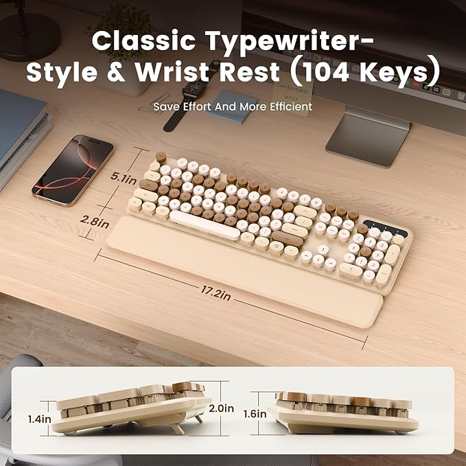 SABLUTE Wireless Keyboard, Round Keycaps, Retro Typewriter Keyboard with Detachable Wrist Rest, Sleep Mode, Foldable Legs, 2.4GHz Full-Size Cordless Computer Keyboard for Windows/PC/Laptop (Latte)