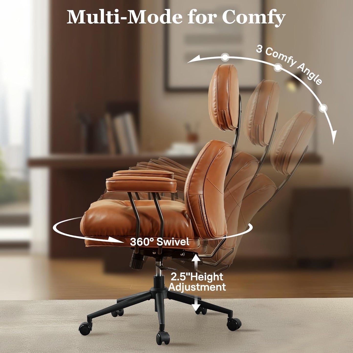 Mid Century Modren Big and Tall Office Chair,Large Ergonomic Executive Chair for Heavy Duty People, Computer Desk Task Chair with Wheels, Faux Lether Fabric Wide Chair for Home Sturdy,Brown(PU)