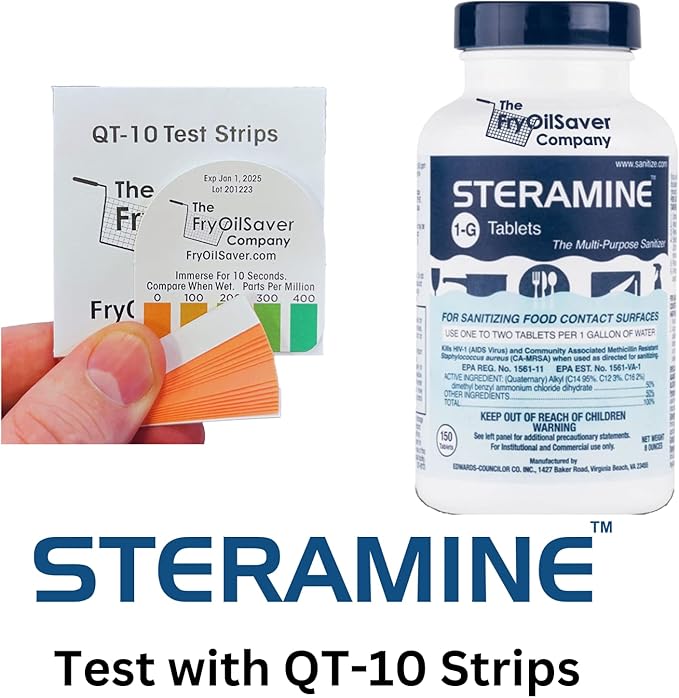 Pack of 6 (900 Tab) Steramine Sanitizing Tablets w/ 30x QT-10 Test Strips by FryOilSaver Co., Steramine Multi Purpose Contact Solution Sanitizer Tablets for Gym, Hotel, Bar, Restaurants & Food Service
