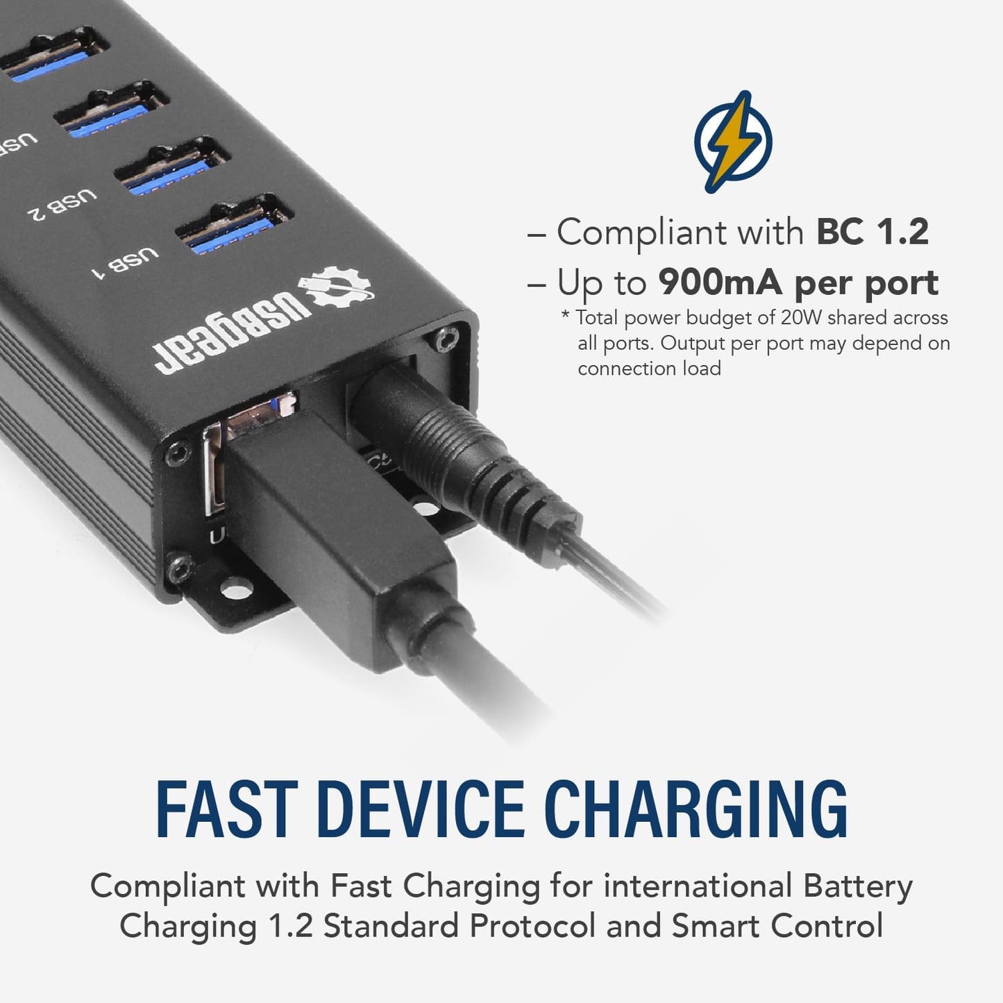 10-Port USB 3.2 Gen 1 Mountable Charging and SuperSpeed Data Hub with 5V/4A Power Adapter and USB Type-A to Type-B Cable Up to 900mA per Port Charging Function Wall and Surface Mounting