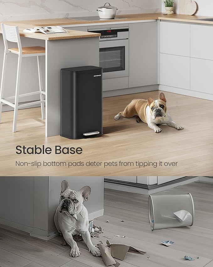 SONGMICS Kitchen Trash Can, 8-Gallon (30 L) Garbage Can with Lid, Stainless Steel, Soft Close and Stays Open, Inner Bucket, Wide Non-Slip Pedal, Ink Black ULTB546B01