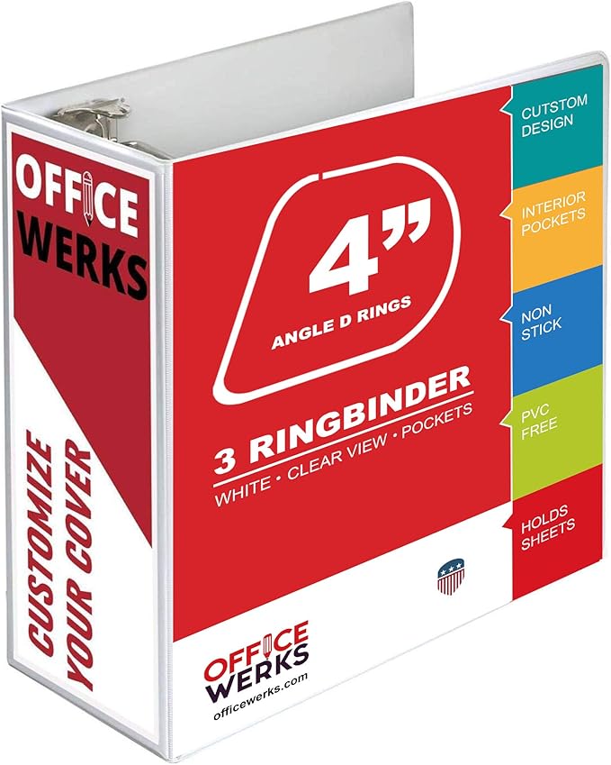 3 Ring Binder, Professional Angle D Ring Binder 4 Inch, Presentation Folder for Standard Pages 8.5 x 11 with Pockets, Crystal Clear View White Binder (4 Pack)