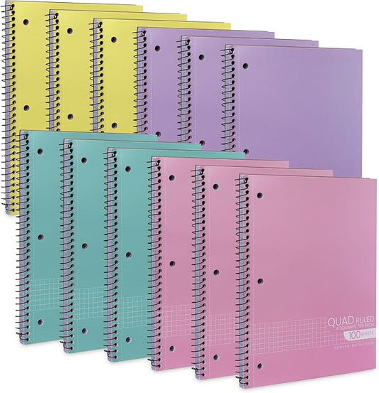 Graph Paper Spiral Notebook - Graph Paper Notebook, Quad Ruled Grid Notebooks, Perforated Pages - 10.5 X 8 Inches - 1 Subject Wirebound Notebook - Assorted Colors - 100 Sheets per Book - (12 Pack)